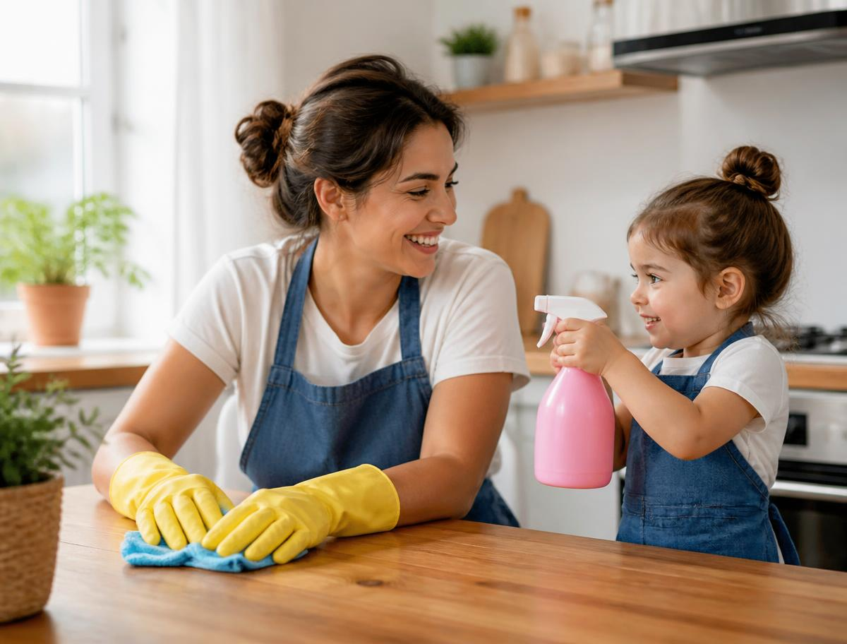 A mother and child happily cleaning a kitchen together