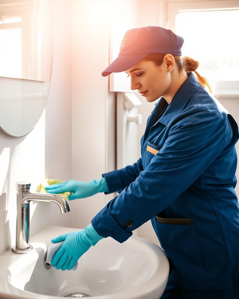 Cleaner polishing a bathroom sink in a Bristol home