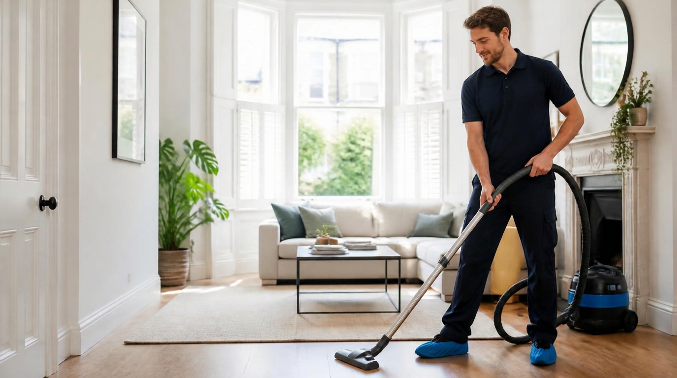 A uniformed cleaner vacuuming the living room of a Bristol townhouse