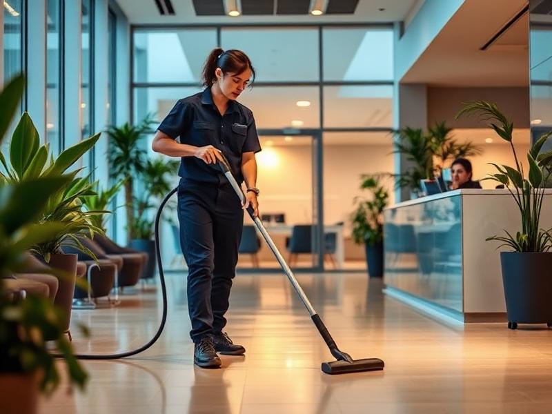 A cleaner vacuuming a modern office reception