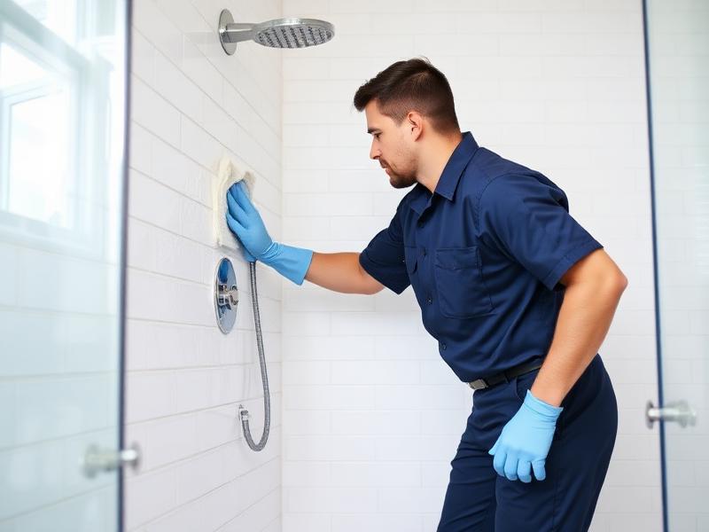 A cleaner scrubbing a tiled shower wall