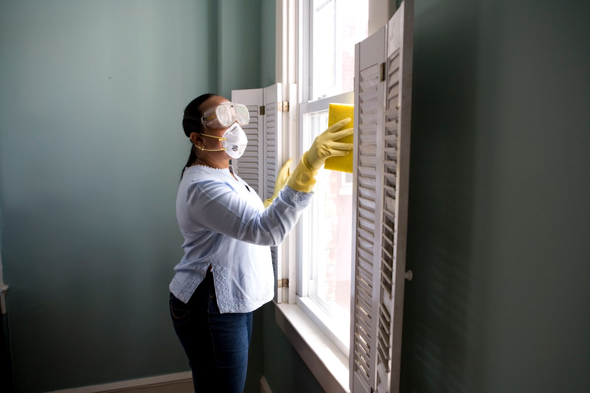 A cleaner scrubbing a tiled shower wall