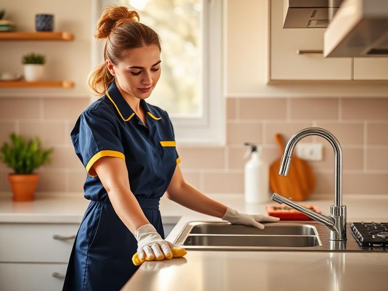 A professional cleaner wiping down a modern kitchen worktop